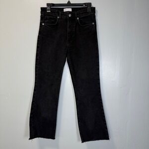 Zara Womens‎ High Rise Cropped Flare Jeans Washed Black Raw Hem Size 8 28x25
